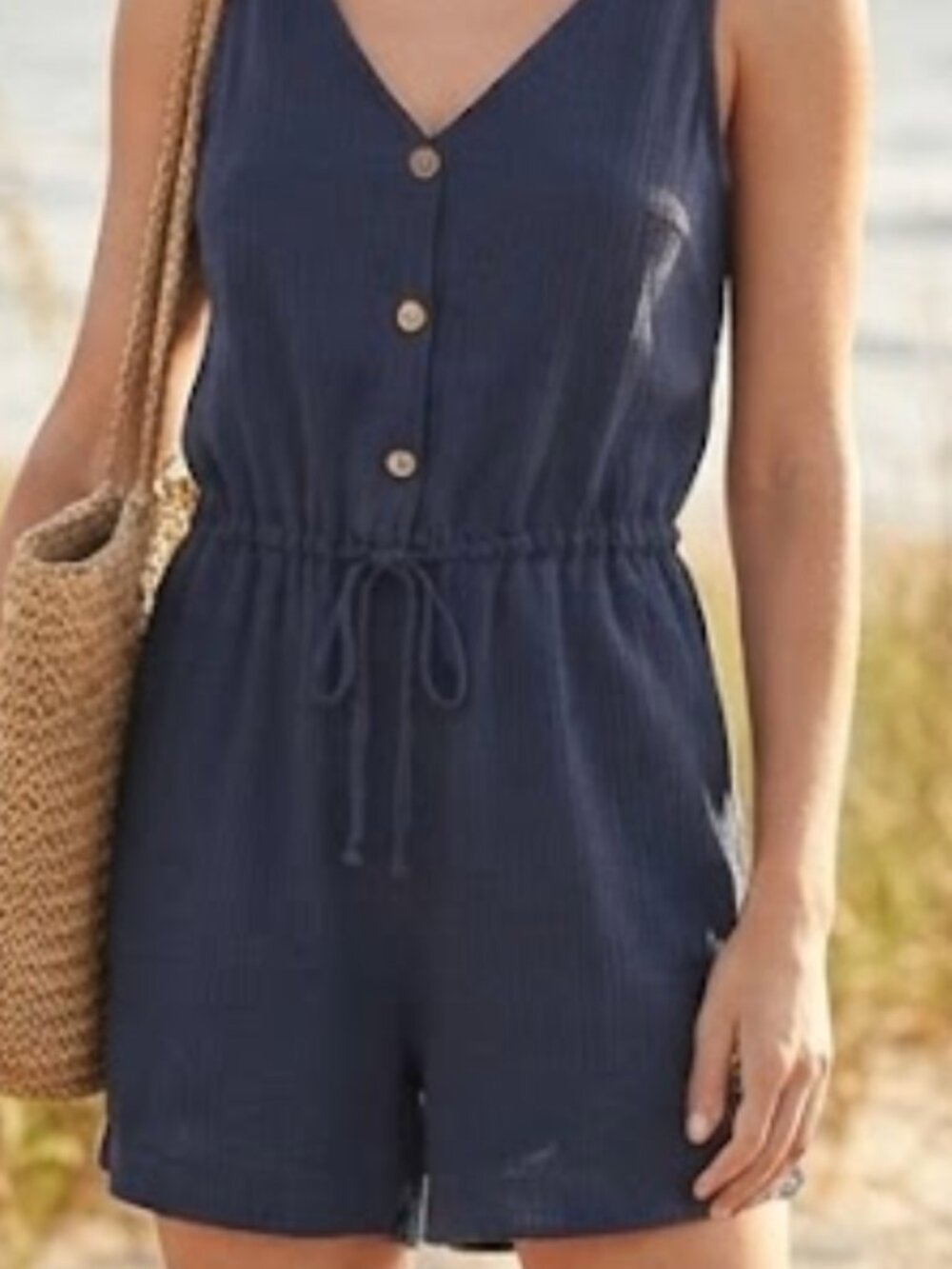 SHEIN Navy Blue Romper with Thin Vertical Stripes, Size M